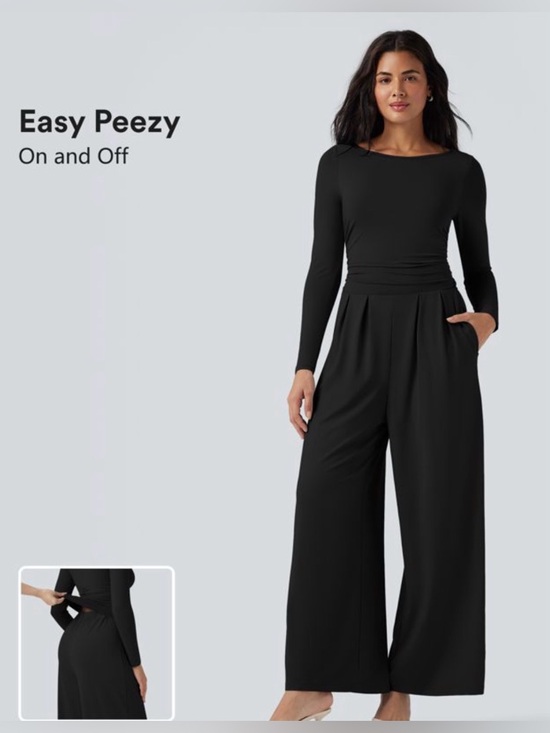 HALARA Pants - HALARA Black Long-Sleeve Wide-Leg Jumpsuit